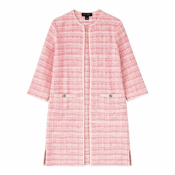 St. John Jackets & Blazers - St John Jacket M Pink Tweed Knit Cardigan Duster Long Blazer Wool Blend Sweater